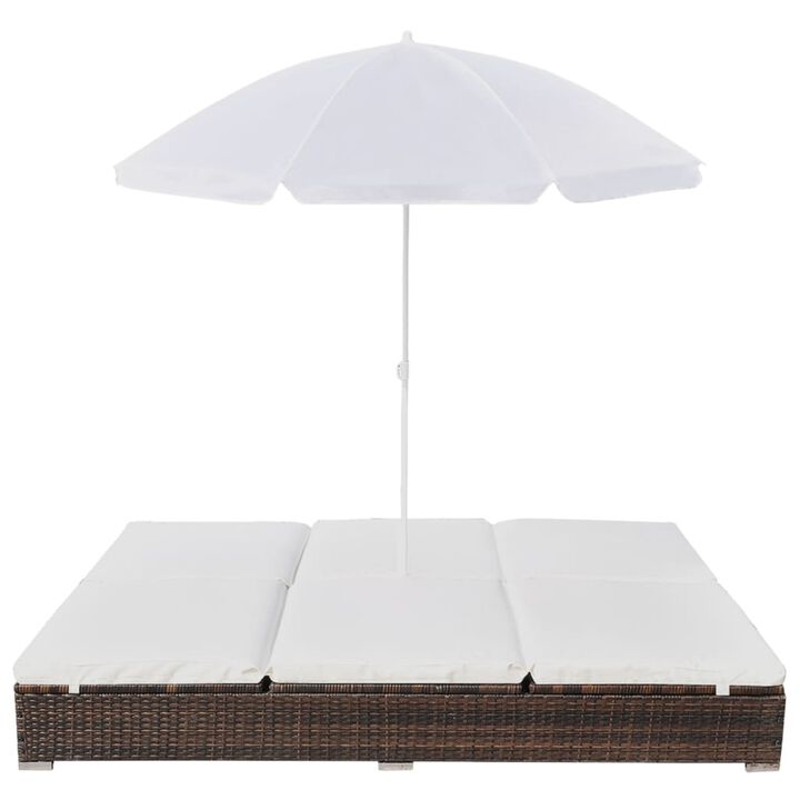 vidaXL Outdoor Lounge Bed with Umbrella Poly Rattan Brown