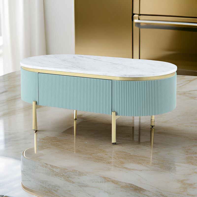 Ville 48 Inch Oblong Coffee Table, White Faux Marble Top, Teal Reeded Edges-Benzara