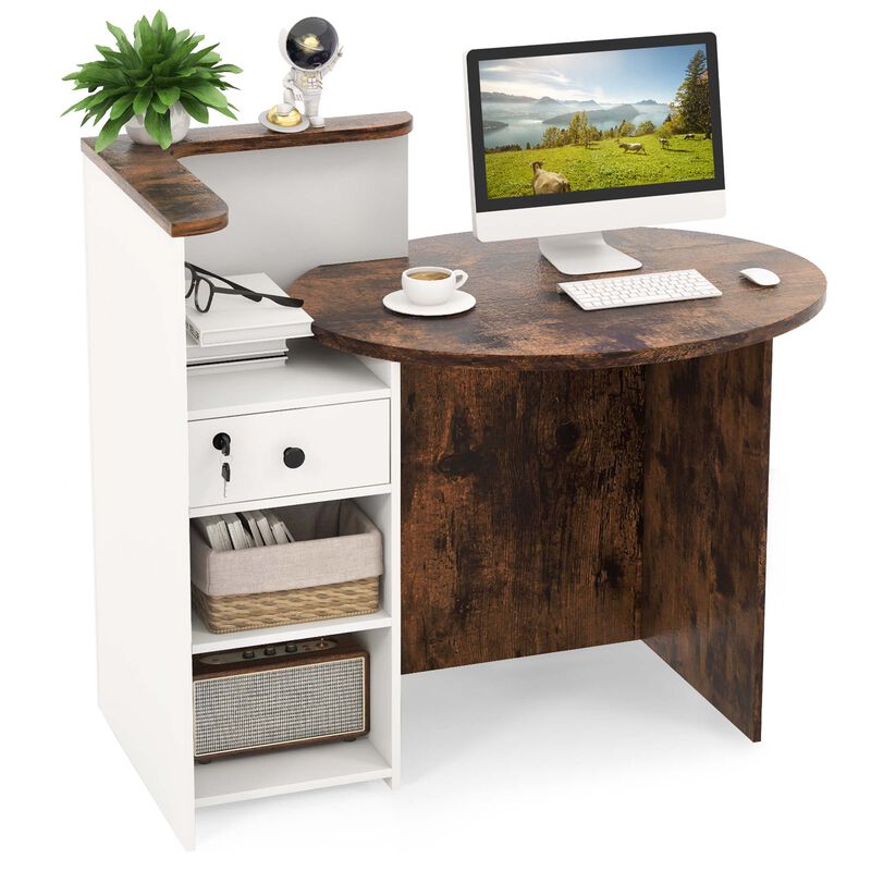 Costway Front Reception Counter Desk Checkout Office Desk with Open Shelf & Lockable Drawer
