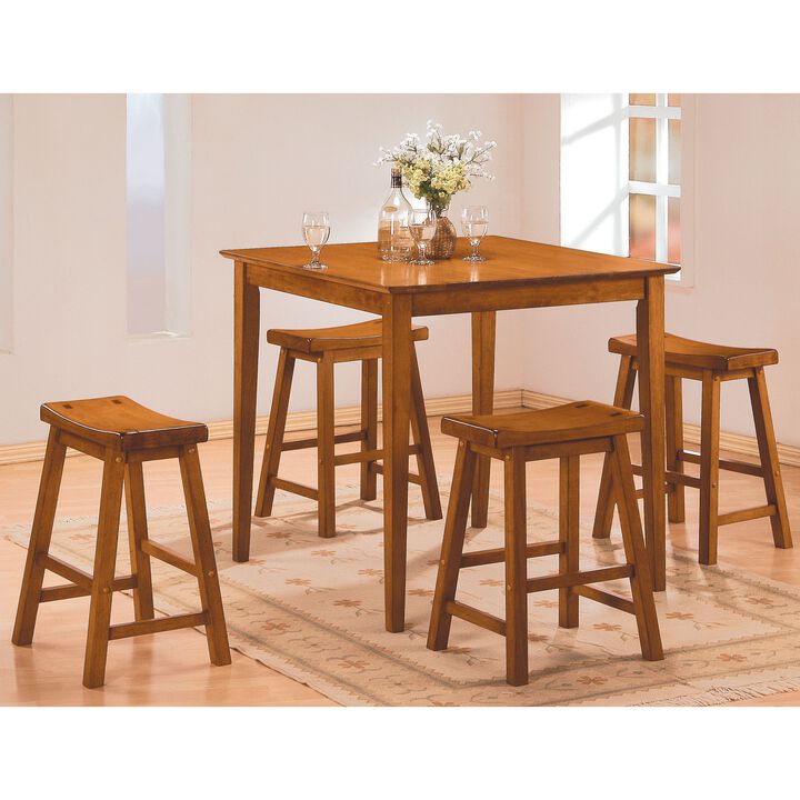 Wooden 24" Counter Height Stool with Saddle Seat, Oak Brown, Set Of 2-Benzara