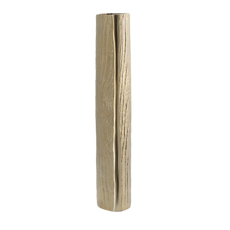 15 Inch Modern Vase, Naturalistic Tree Trunk Texture, Shiny Gold Finish - Benzara