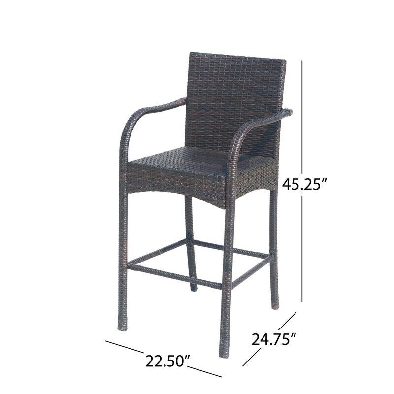 Outdoor Barstool Chair Set of 2, Gray Woven Faux Rattan, Iron Frame -Benzara