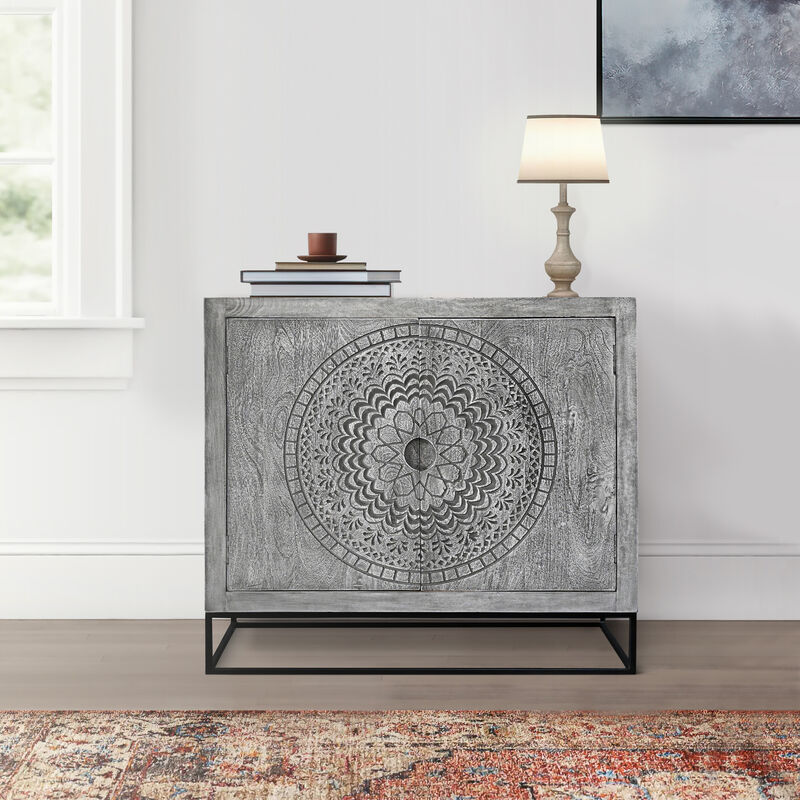 39 Inch Handcrafted Accent Cabinet with 2 Doors, Medallion Engraved, Sandblasted Gray Mango Wood, Black Iron Framed Stand-Benzara