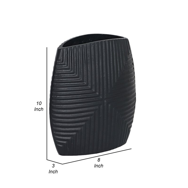 Ako 10 Inch Vase, Metal Ribbed Body Design, Curved Top, Matte Black Finish - Benzara
