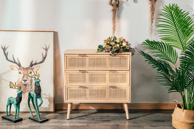 Scandinavian Bedroom Wooden Chest of Drawers with 3 Storage Drawers and Rattan Caning