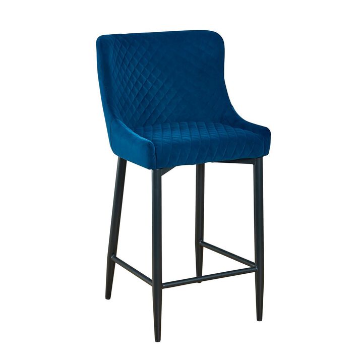 Tika 26 Inch Counter Height Chair, Set of 2, Deep Blue Velvet  - Benzara