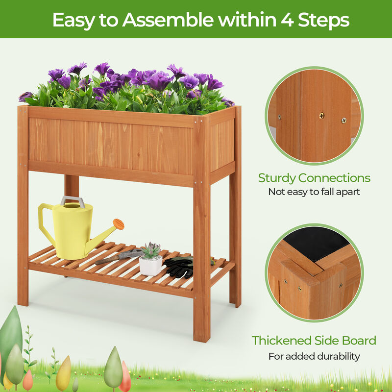 Outdoor Raised Garden Bed Fir Wood Planter Box with Bottom Storage Shelf and Protective Liner-Brown