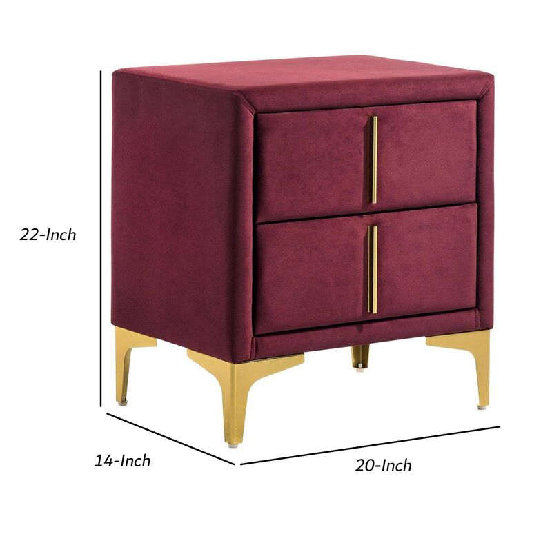 Bios 24 Inch Nightstand, 2 Drawers, Red Vegan Faux Leather, Gold Accents-Benzara