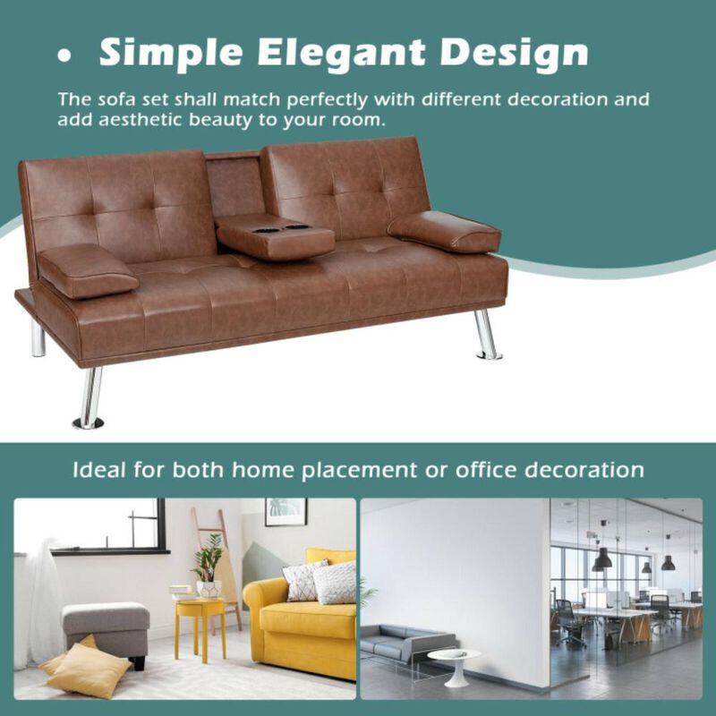 Hivvago Convertible Folding Leather Futon Sofa with Cup Holders and Armrests