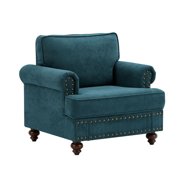 Green Chenille Sectional Sofa with Brown Legs