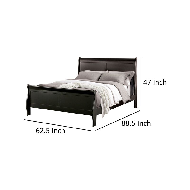 Ryla Queen Size Bed, Classic Sleigh Panel Headboard, Black Solid Wood