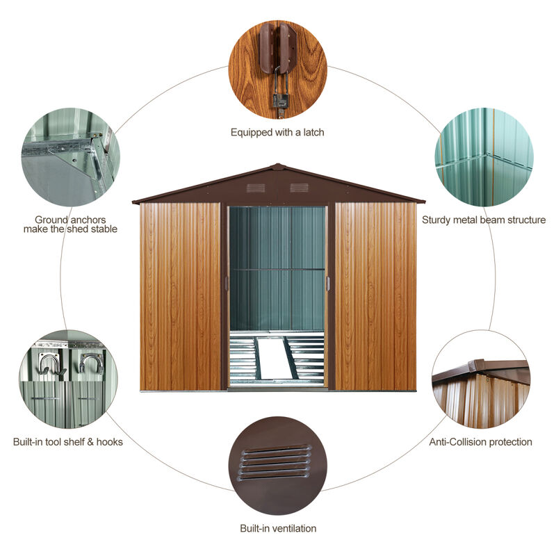 10FT X 8FT Outdoor Metal Storage Shed With Metal Floor Base, Coffee