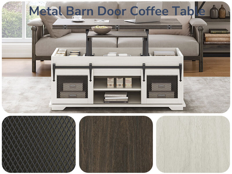 BELLEZE Lift Top Coffee Table, 44" Farmhouse Coffee Table with Storage & Sliding Barn Doors, 3 in 1 Multi-Function Coffee Table for Living Room, Dining Reception Room, Lawson - White Sand