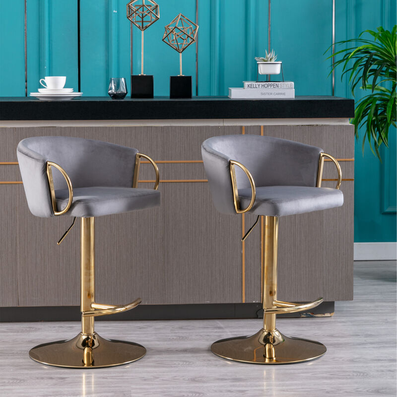 Set of 2 Bar Stools, with Chrome Footrest and Base Swivel Height Adjustable Mechanical Lifting Velvet + Golden Leg Simple Bar Stool-Grey