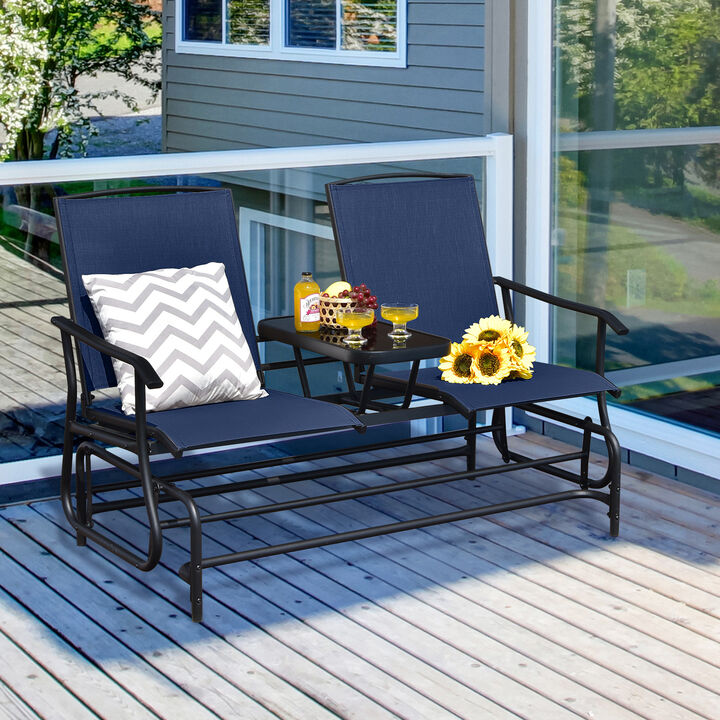2-Person Double Rocking Loveseat with Mesh Fabric and Center Tempered Glass Table