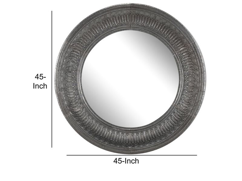 Round Wall Mirror with Thick Embossed Metal Border, Antique Gray-Benzara