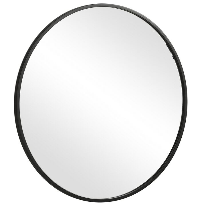 37 Inches Round Shape Sleek Frame Mirror, Black-Benzara