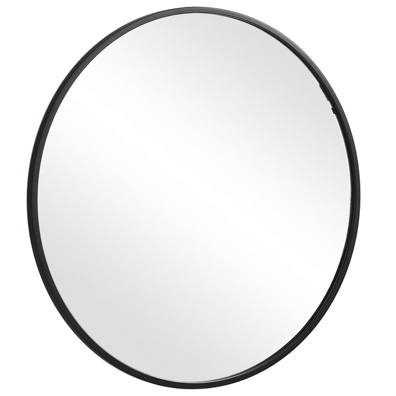 37 Inches Round Shape Sleek Frame Mirror, Black-Benzara