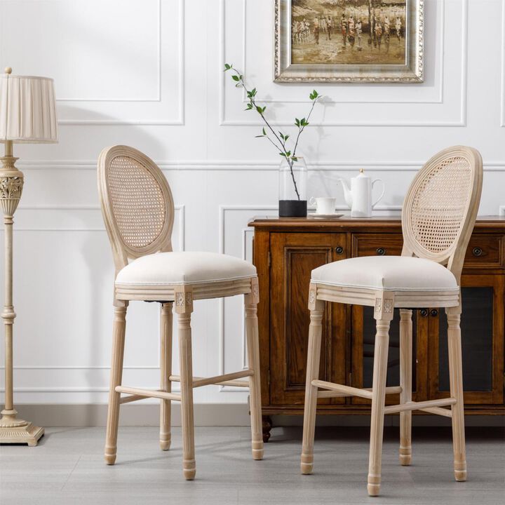 French Country Wooden Bar Stools Rattan Back With Upholstered Seating, Beige And Natural, Set Of 2