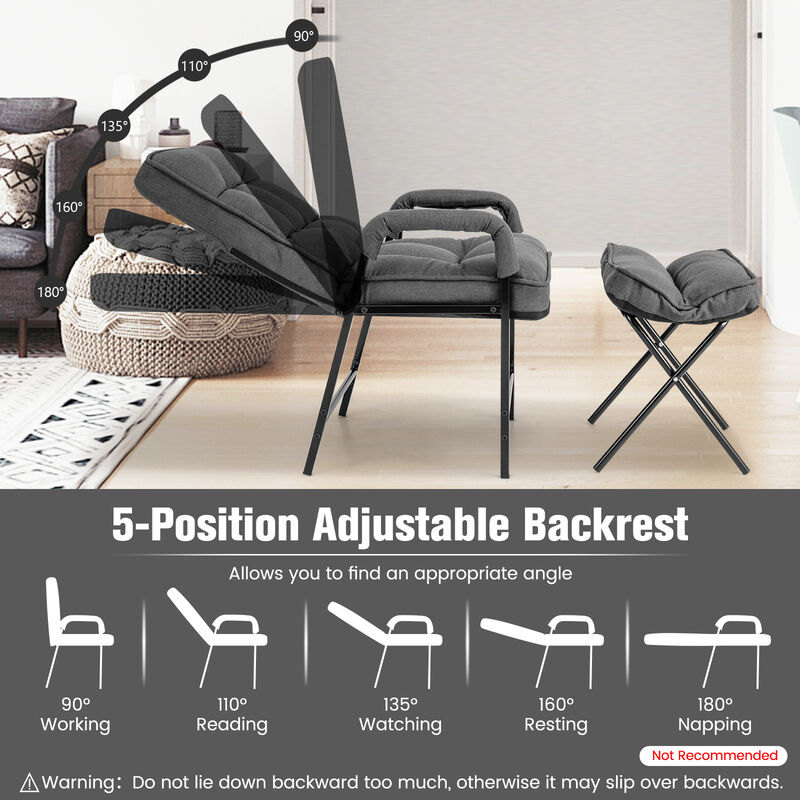 Linen Fabric Modern Accent Chair with Ottoman and Adjustable Backrest