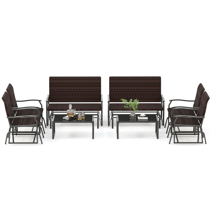 4-Piece Patio Gliding Set with Wicker Swing Glider and All-Weather Cushions, Tempered Glass Coffee Table