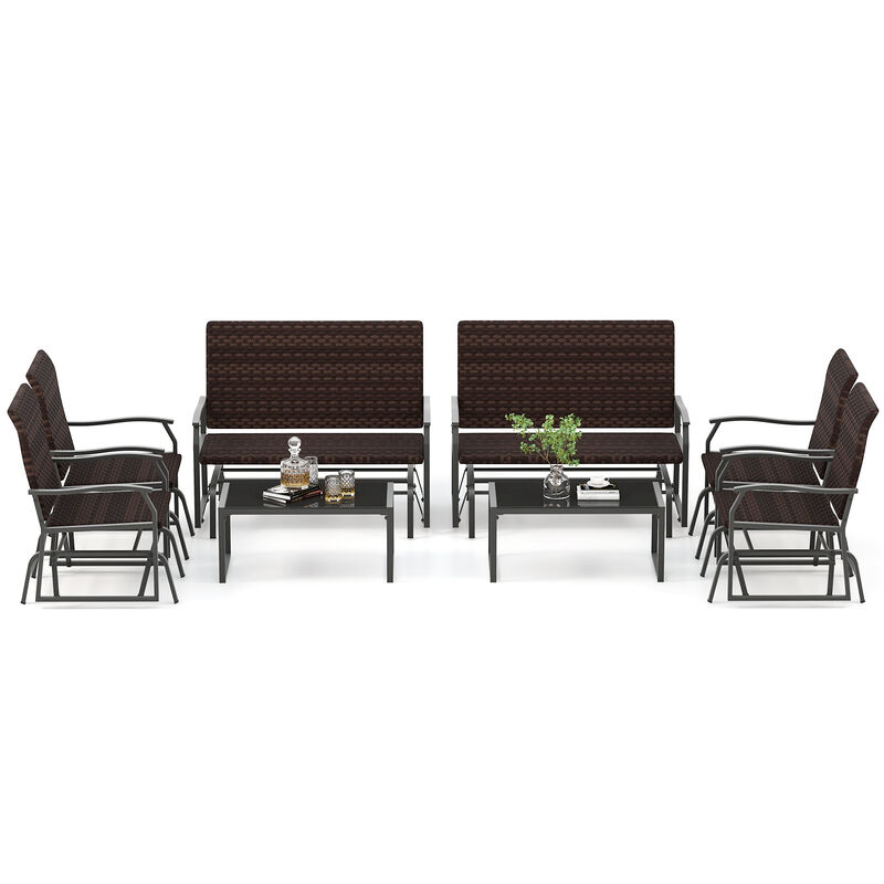 4-Piece Patio Gliding Set with Wicker Swing Glider and All-Weather Cushions, Tempered Glass Coffee Table