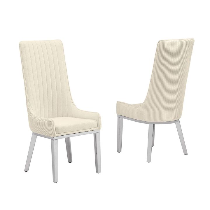 Cream, Teddy Fabric, Pleated Back Side Chair With Silver Base, Set Of Two