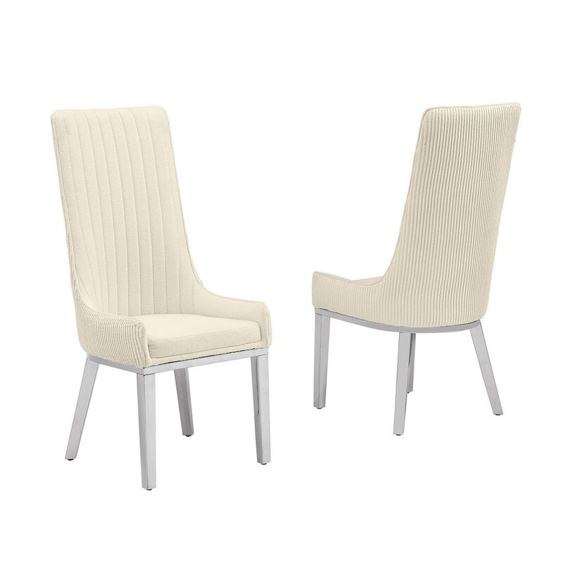 Cream, Teddy Fabric, Pleated Back Side Chair With Silver Base, Set Of Two