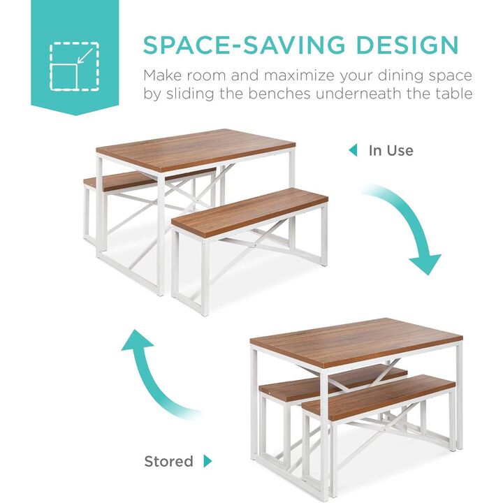 Modern 3 Piece Dining Set Wood Top White Metal Frame Table and 2 Bench Chairs
