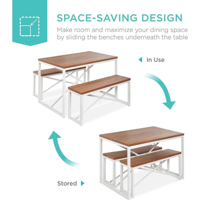 Modern 3 Piece Dining Set Wood Top White Metal Frame Table and 2 Bench Chairs