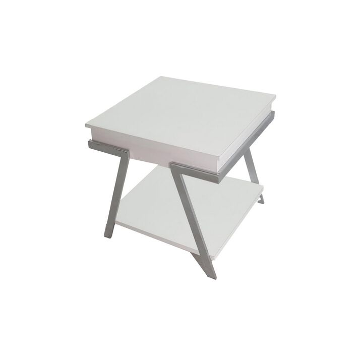 Casey 26 Inch End Table, Chrome Angled Metal Frame, Square Glossy White Top - Benzara