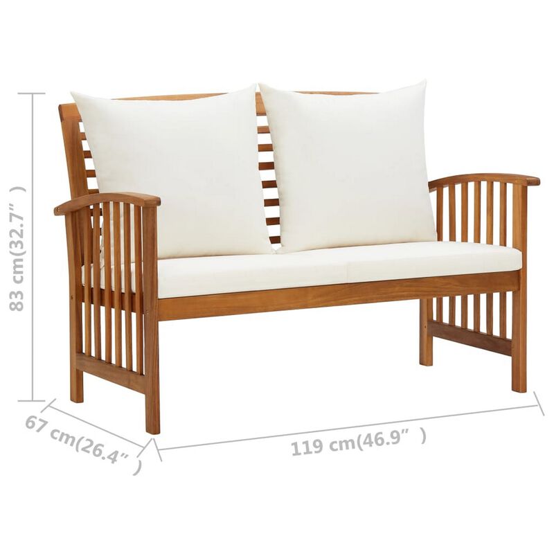 Mia Outdoor Loveseat Bench, Gray Cushions, Brown Solid Wood, 47 Inch - Benzara