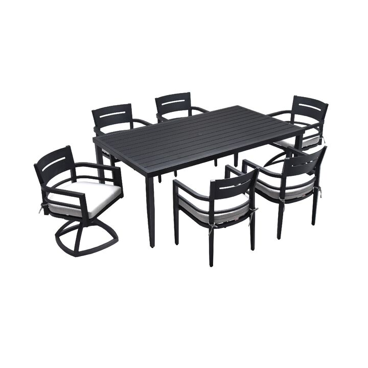 Modern 7-Piece Aluminum Patio Dining Set with Ergonomic Dining Chairs, Swivel Rockers, Fabric Cushions & Umbrella-Ready Rectangle Table