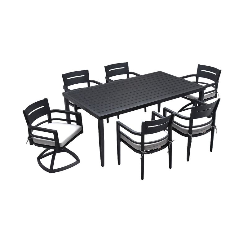 Modern 7-Piece Aluminum Patio Dining Set with Ergonomic Dining Chairs, Swivel Rockers, Fabric Cushions & Umbrella-Ready Rectangle Table