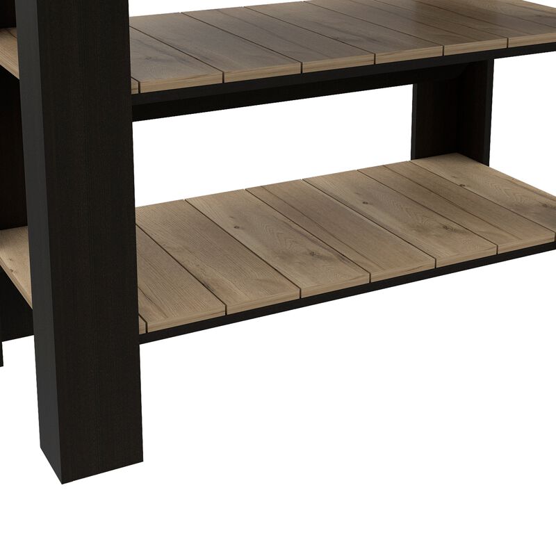 DEPOT E-SHOP Kitchen Island 37" H, Two Open Storage Shelves, One Drawer, Four Legs,Towel Hanger, Black / Light Oak