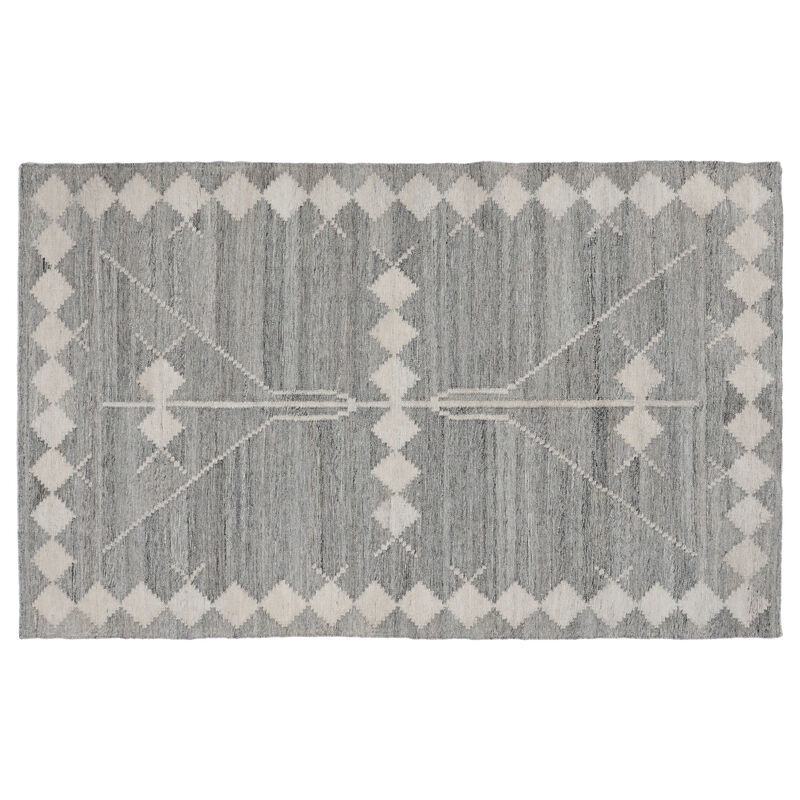 Rylie 5 x 8 Indoor Outdoor Area Rug, Handwoven Polyester, Gray Geometric - Benzara