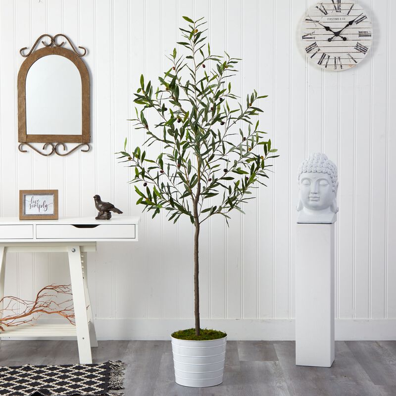 Hivvago 70 Inches Olive Artificial Tree in White Tin Planter