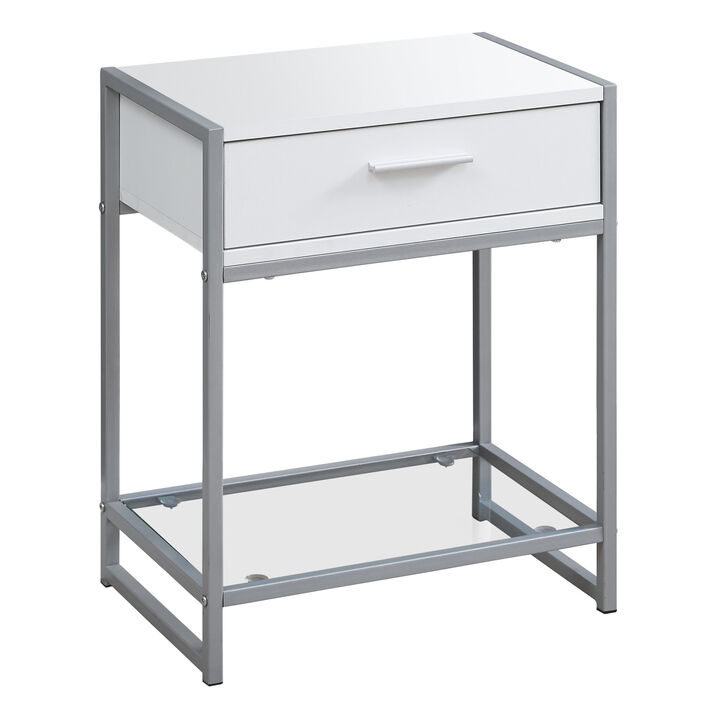 Monarch Specialties I 3503 Accent Table, Side, End, Nightstand, Lamp, Storage Drawer, Living Room, Bedroom, Metal, Laminate, Tempered Glass, White, Grey, Contemporary, Modern