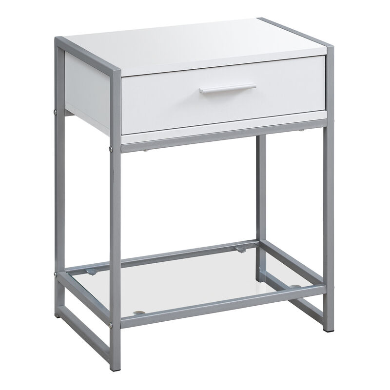 Monarch Specialties I 3503 Accent Table, Side, End, Nightstand, Lamp, Storage Drawer, Living Room, Bedroom, Metal, Laminate, Tempered Glass, White, Grey, Contemporary, Modern