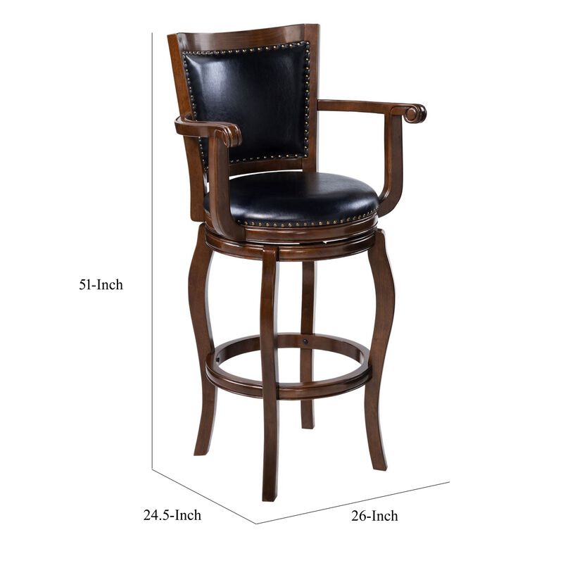 Hugo Swivel Barstool Chair, Black Faux Leather, 34 Inch Extra Tall - Benzara