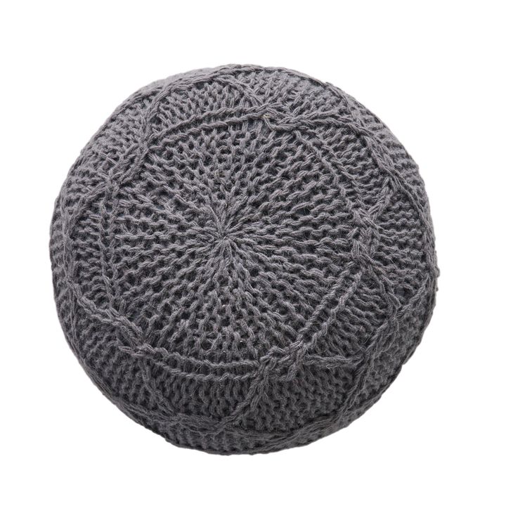 Ottoman Pouf, 20 Inch Round Shape, Knitted Boho Design, Gray Wool - Benzara