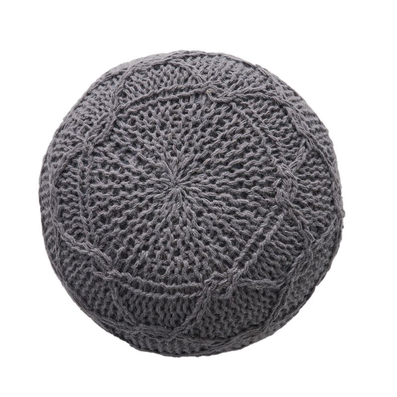 Ottoman Pouf, 20 Inch Round Shape, Knitted Boho Design, Gray Wool - Benzara