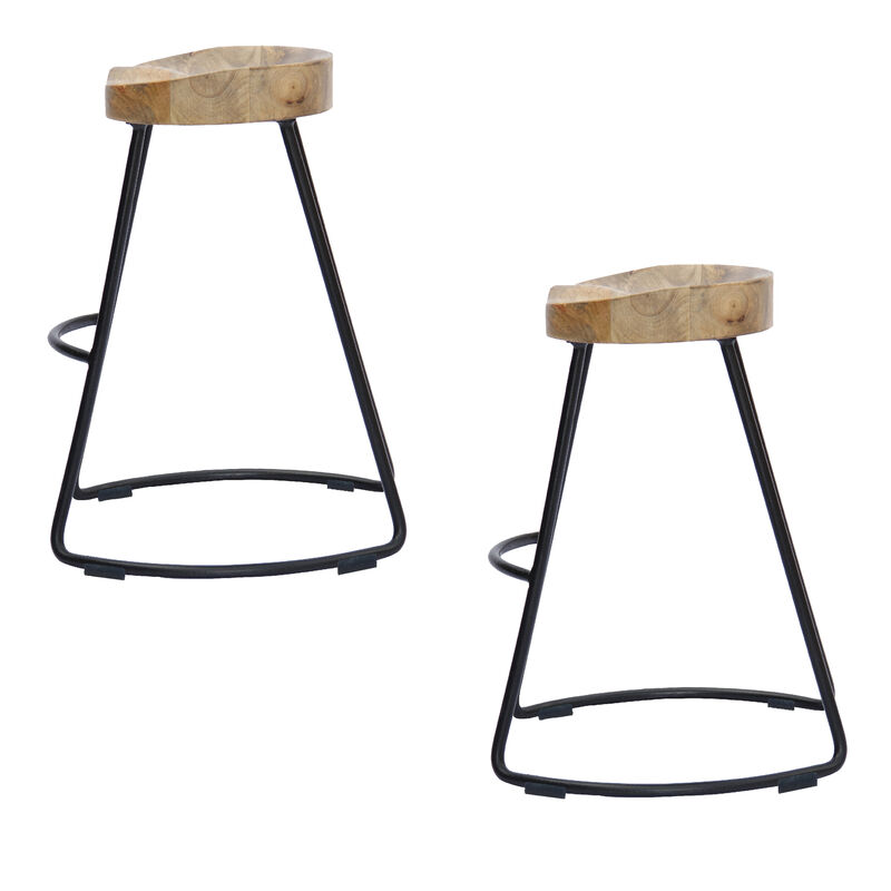 Ela 30 Inch Mango Wood Industrial Barstool, Saddle Seat, Iron Frame, Set of 2, Brown, Black-Benzara