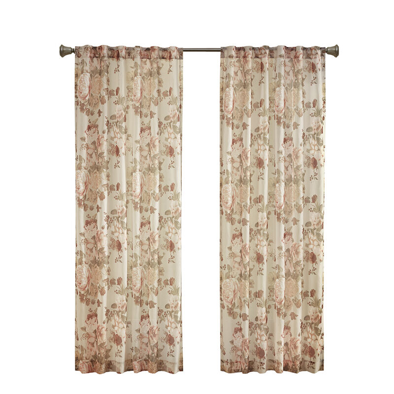Gracie Mills Caelum Mauve Floral Print Rod Pocket and Back Tab Voile Sheer Curtain