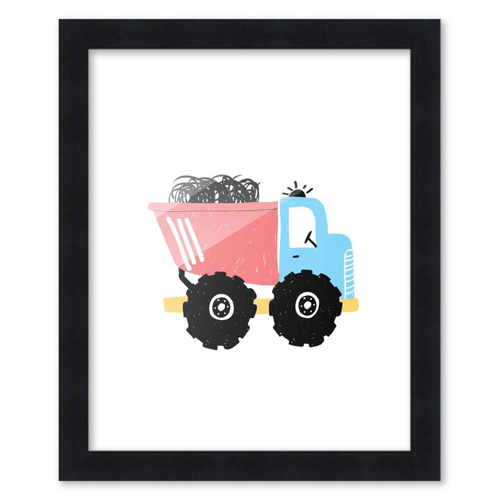 8x10 Framed Nursery Wall Art Construction Dump Truck Poster in Black Wood Frame For Kid Bedroom or Playroom