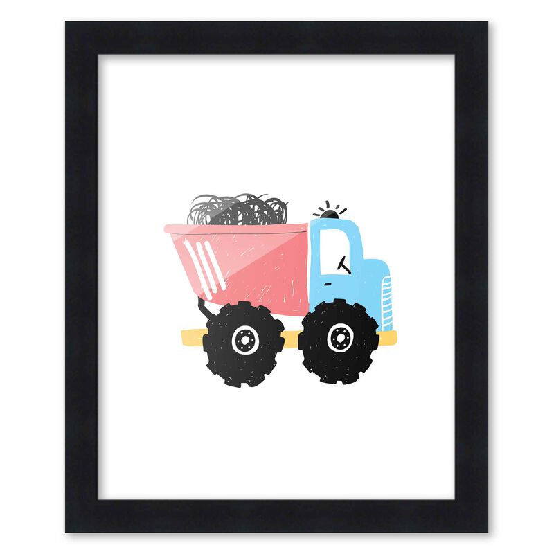 8x10 Framed Nursery Wall Art Construction Dump Truck Poster in Black Wood Frame For Kid Bedroom or Playroom