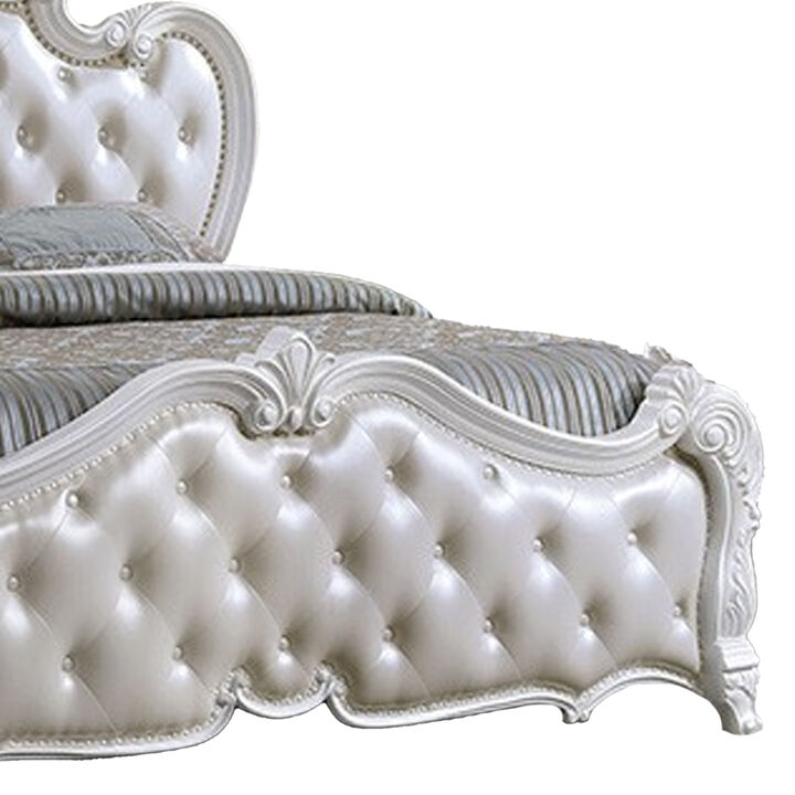 Venta King Size Bed, Pearl White Button Tufted Faux Leather Upholstery - Benzara