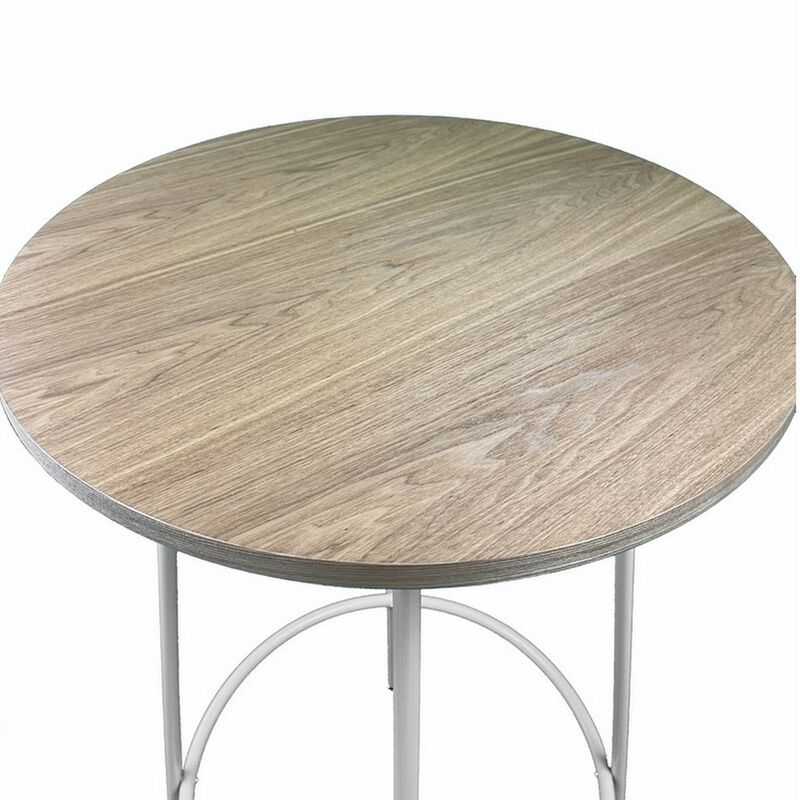 Neni 42 Inch Bar Table, Round Natural Brown Wood Top, Modern White Metal - Benzara
