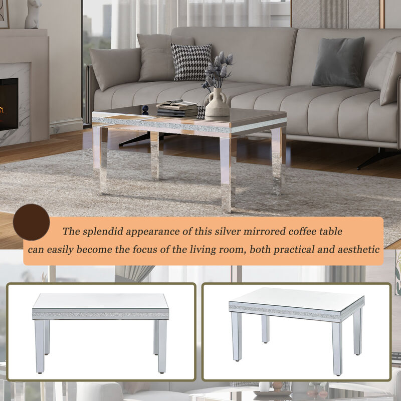 Modern Glass Mirrored Coffee Table with Crystal Design & Height-Adjustable Legs