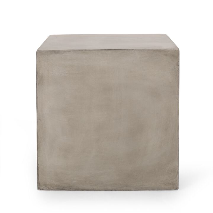 Ebec Outdoor Side Table, Modern Cube Light Gray Faux Concrete, 22 Inch - Benzara